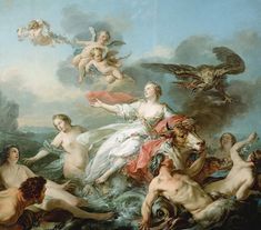 a painting with many people and animals in the water, including an angel above them