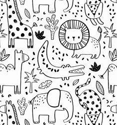 a black and white pattern with different animals