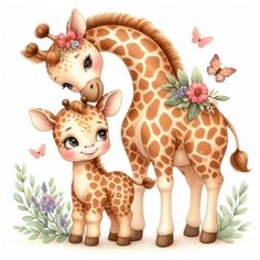 two giraffes are standing next to each other with flowers on their heads