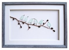 three birds sitting on a branch in a frame