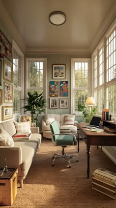 a living room filled with lots of furniture next to large window covered in pictures on the wall