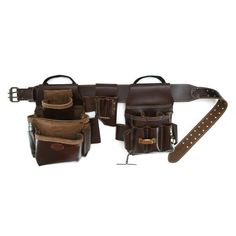 a brown leather tool belt with multiple pockets and two tools in each pocket, on a white background