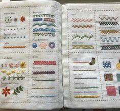 an open book with many different stitchs on it