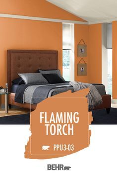 a bedroom with an orange wall and bed in the center, along with text that reads flaming torch ppu - 3 - 08