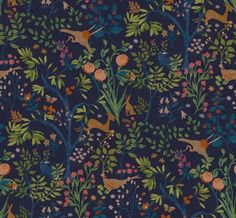 an image of a forest with deers and flowers on the dark blue wallpaper