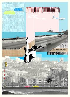 an altered collage of various images with buildings in the background and a person flying through the air