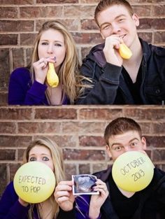 two people are holding bananas and posing for pictures with the caption's written on them