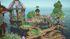 Minecraft Village Design Ideas, Minecraft On The Water House, Village On Water Minecraft, Water Kingdom Minecraft, Cliff Side Base Minecraft, Floating Water House Minecraft, Canopy Minecraft, Minecraft Dock Aesthetic