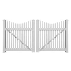 a white picket fence with two gates on the top and one gate open to let in light