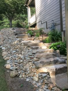 stone steps lead up to the side of a house