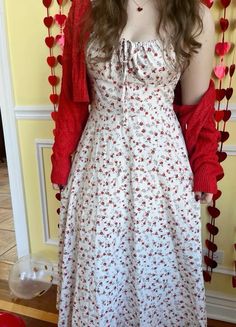 Galentines day #valentines #valentinesday #outfitidea #coquetteaesthetic Sleeveless Coquette Dress For Daywear, Coquette Valentines Day Outfit, Red Cottage Core Dress, Cottagecore Valentines Day Outfit, Red Outfit Cottagecore, Cherry Girl, Color Combos Outfit, Galentines Day, Modesty Outfits