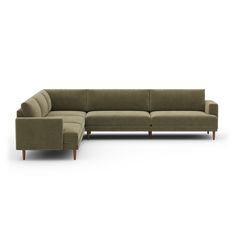 a large sectional couch with wooden legs and arm rests on an isolated white surface, facing the viewer