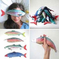 there are four pictures of different types of fish on the bed and in the room