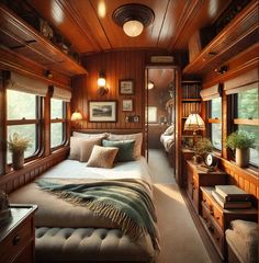 a bedroom with wood paneling and lots of windows