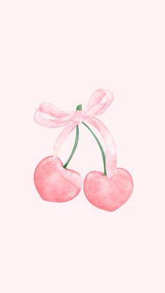 two cherries tied with a pink ribbon on top of each other in the shape of hearts