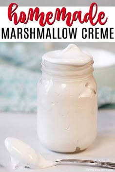 homemade marshmallow creme in a jar with spoon