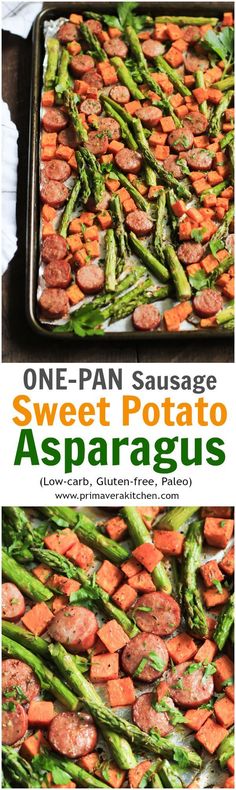 one pan sausage sweet potato asparagus is an easy side dish that's ready in less than 30 minutes