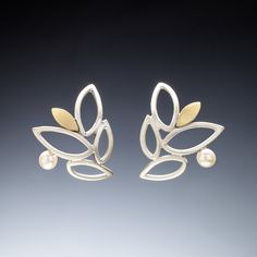 Gold, Silver & Pearl Earrings - Small leaves are handcrafted using matte sterling silver. Each earrings is finished with a single 22k gold bi-metal petal and a pearl.<br><br>Silver posts. Keum Boo Earrings, Flower Wire, Lace Leaf, Silversmithing Jewelry, Small Leaves, Silver Pearl Earrings, Leaf Flower, Artful Home, Metal Lace