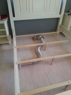 a snake crawling on the floor next to a bed frame in a room with blue walls