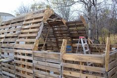 a pile of wooden pallets sitting next to a tree