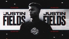 a man standing in front of a sign with the words,'justin fields'on it