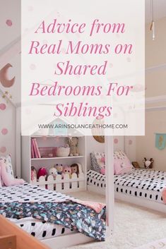 two beds in a bedroom with pink and white polka dots on the walls, and text that reads advice from real moms on shared bed rooms for siblings