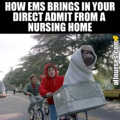 two people riding bikes down a street with an advertisement on the back that says, how ems brings in your direct admit from a nursing home