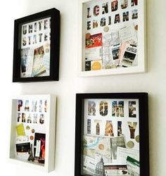 three black and white framed pictures on the wall with newspaper clippings attached to them