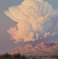 an oil painting of clouds over mountains in the desert