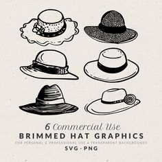 six different hats with the text 6 commercial use brimmed hat graphics