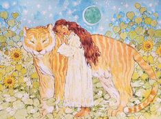 a painting of a woman hugging a tiger in a field of sunflowers and daisies