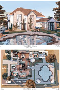 two views of the same house from above and below, one shows an outdoor swimming pool