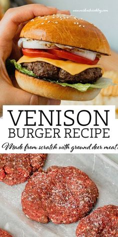 a person holding up a hamburger in front of them and the words venison burger recipe