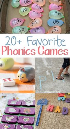 the collage of photos shows children playing with their favorite phonicics games and activities