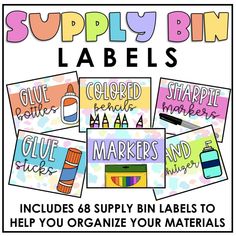 an image of supply bin labels with markers and crayons on them to help you organize your materials