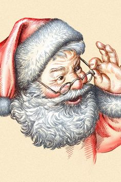 an old - fashioned drawing of santa claus looking through his glasses