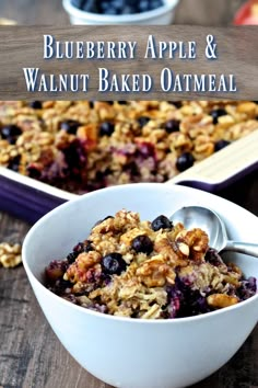 two bowls filled with oatmeal and blueberries on top of a wooden table