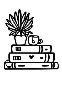 a stack of books with a potted plant sitting on top of it, black and white