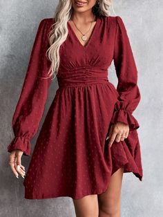 Vermelho Boho Collar Manga Comprida Tecido Simples Em A Embellished Não elástico Dark Red Dresses, Maroon Dress, Flounce Sleeve, Dress For Short Women, Swiss Dot, Business Dresses, Club Dresses, Dance Dresses, V Neck Dress