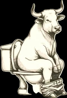 a drawing of a bull sitting on top of a toilet with his legs crossed and feet up