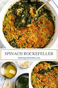 spinach and cheese casserole in a white bowl with spoons on the side