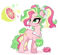 the pinkie pony has green hair and is next to a slice of grapefruit