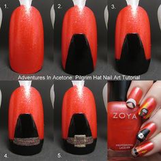 Tutorial Tuesday: Pilgrim Hat Nail Art! Halloween Pedicure, Cute Thanksgiving Nails, Party Nail Design, Diy Nails Tutorial, Nail Artwork, Neat Nails, Fingernail Art, Christmas Nail Art Easy, Art Thanksgiving