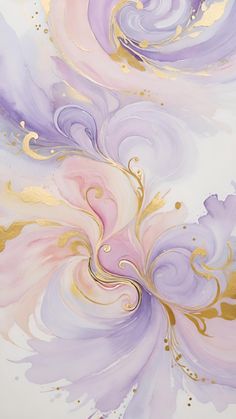 an abstract painting with gold, purple and white swirls on the bottom half of it