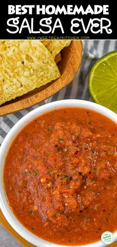 the best homemade salsa ever in a bowl with tortilla chips