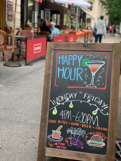 a happy hour chalk sign on the sidewalk