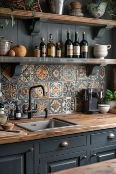 a kitchen with blue cabinets and wooden counter tops, surrounded by potted plants on shelves