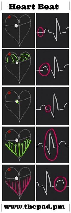 four different hearts drawn on black paper with the words heart beat written in red and green