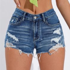 Denim Ripped Raw Trim Denim Shorts High Stretch, See Last Photo For Item Description Color: Medium Wash Size S (4) Length: 10.6” Waist: 26.8” Hip:33.1” Summer Jean Shorts, Ripped Jean Shorts, Ripped Denim Shorts, Ripped Shorts, Short Denim, Summer Jeans, High Rise Denim Shorts, Jeans For Short Women, Slim Fit Shorts