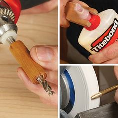 three pictures showing different tools being used on wood